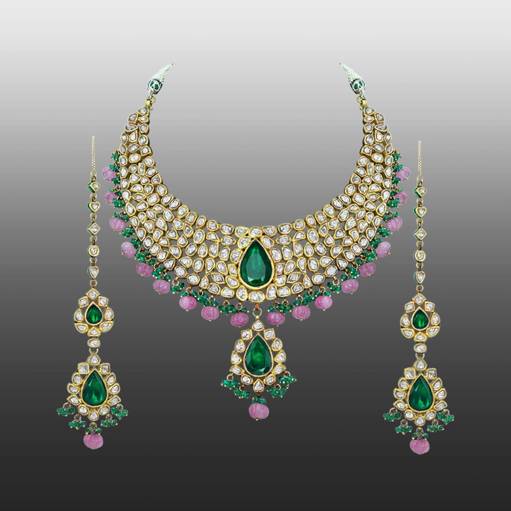 Polki Diamond Necklace Set with Green Stone and Pink Beads